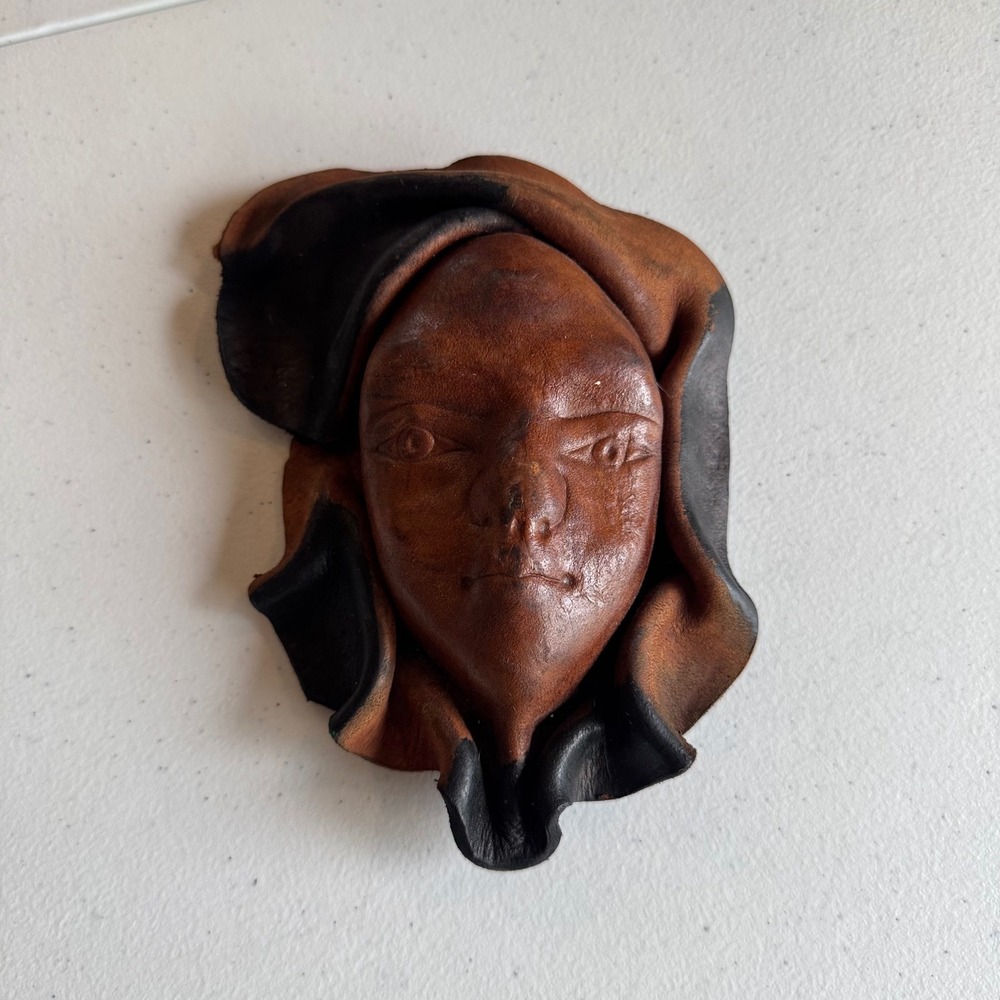 Vintage Leather Face Mask Wall Hanging Small Brown Black Handcrafted Folk Art
